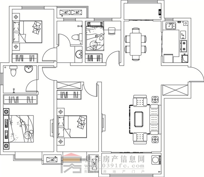 金德利公館7#3單元西戶四室兩廳兩衛(wèi)155.59㎡